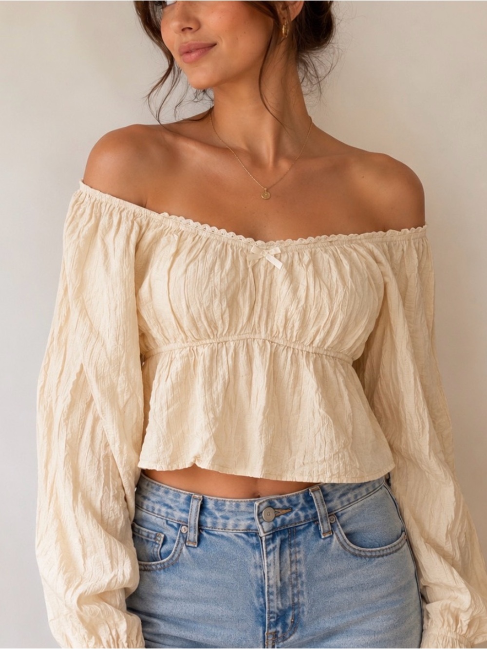 Cream Off-Shoulder Peasant Crop Top with Long Sleeves